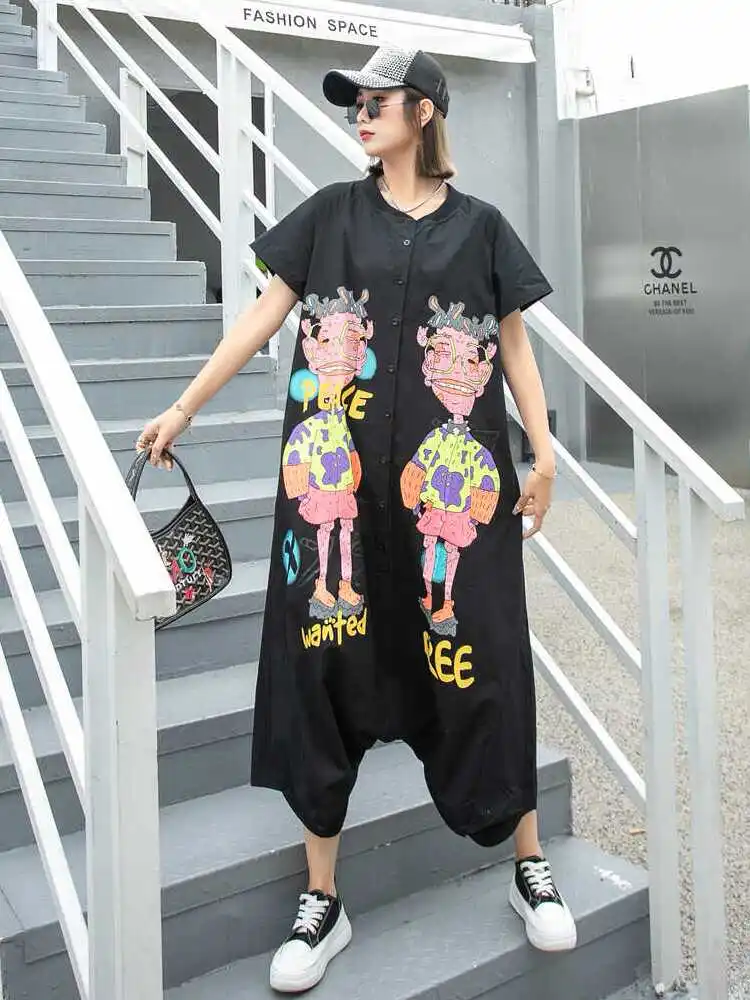 Fashion Brand Pants Cartoon Printed Harem Jumpsuit Women Round Neck Single-Breasted Short Sleeve One-Piece Shorts Saggy Pants