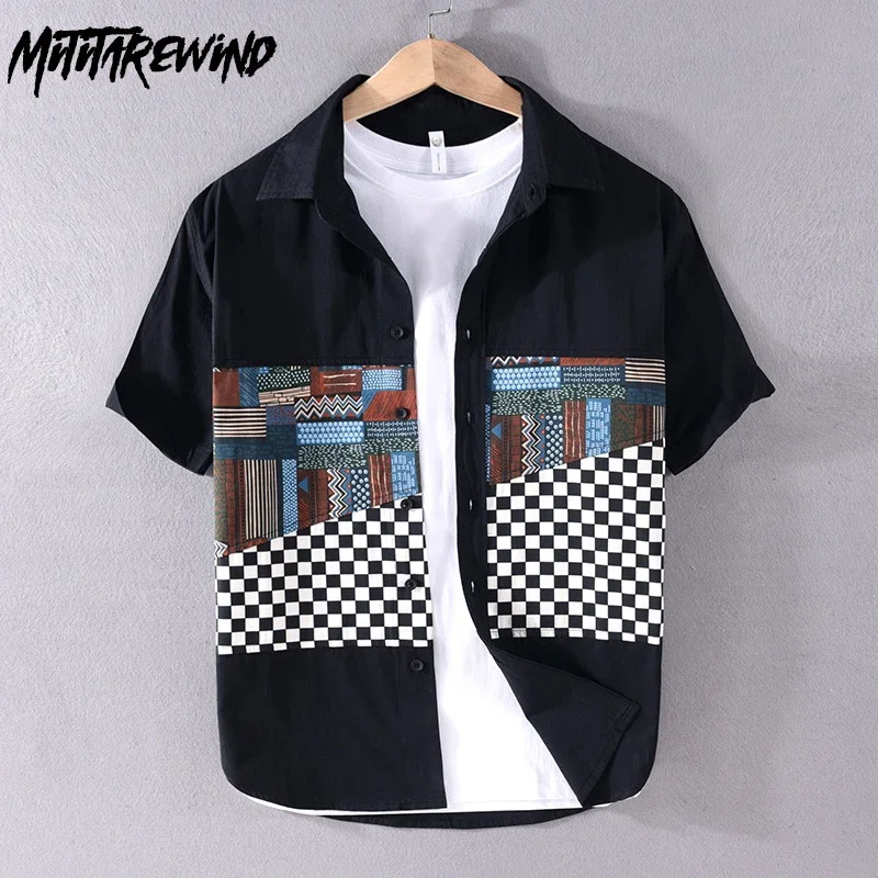 

100% Cotton Short Sleeve Shirts for Men Summer High Street Fashion Black Shirt Plaid Patchwork Shirt Youth Streetwear Loose Top