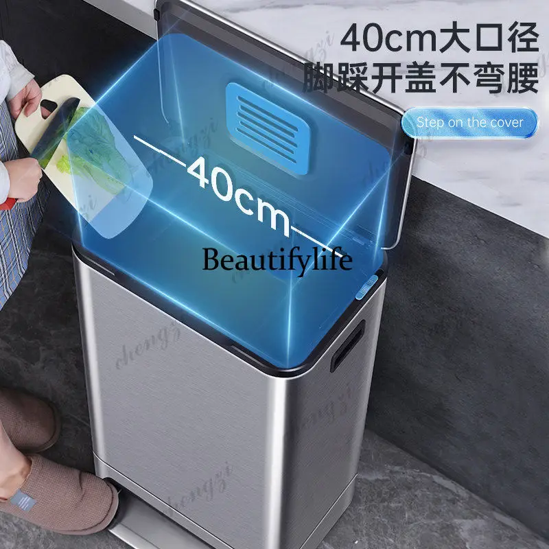 Kitchen trash can Large capacity household light luxury high grade with cover foot step commercial stainless steel