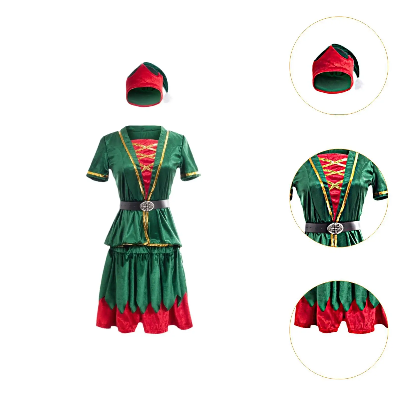 Kerstkostuum Jurk Hoed Tailleriem Set Decoratieve Kerstoutfits Rollenspel voor Fancy Dress Kerstfeesten Nieuwjaarsfestivals