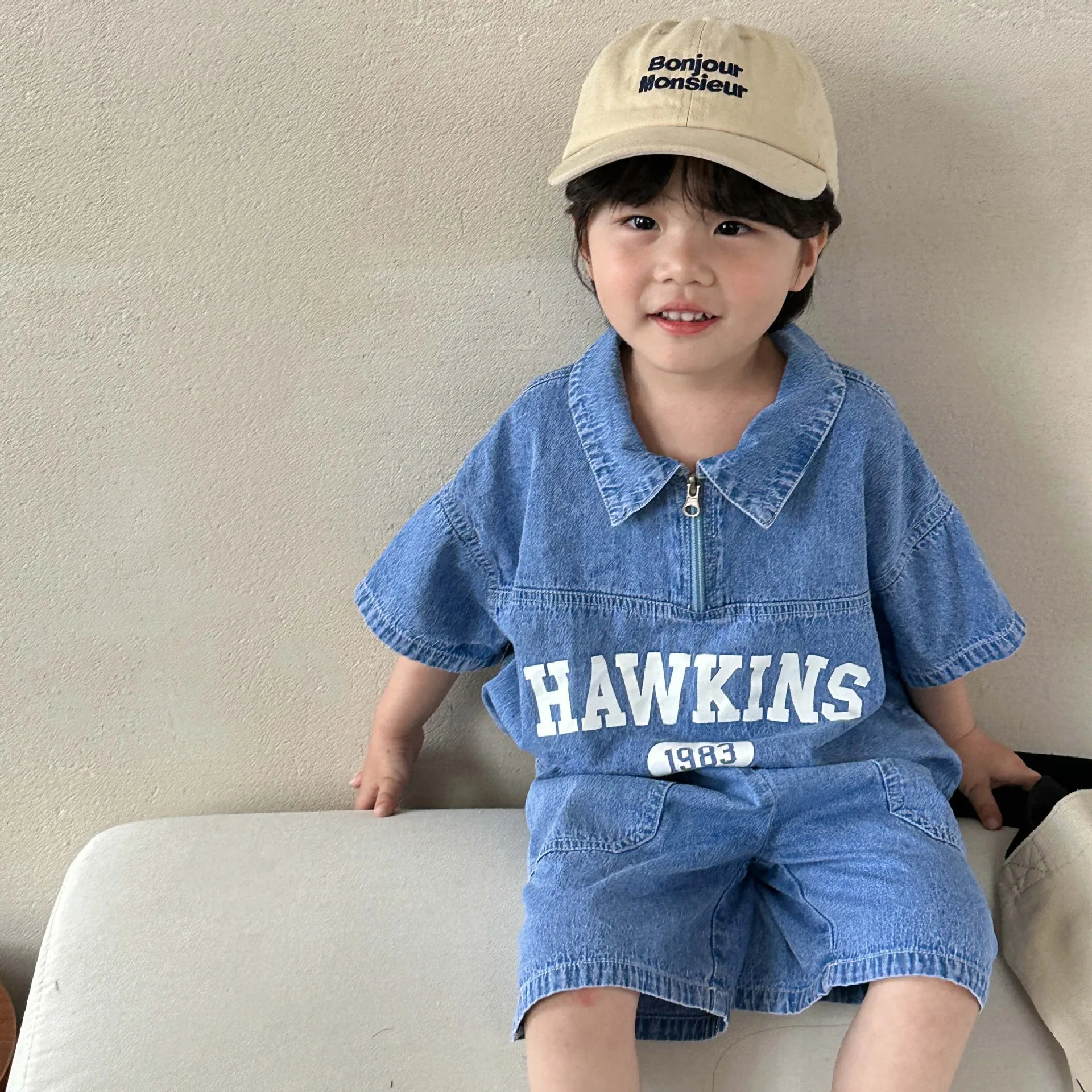 2026 Summer Baby Girls Boys Cotton Alphabet Half Zip Denim T-Shirt Tops+Shorts Pant School Kids Tracksuit Child 2PCS Outfit