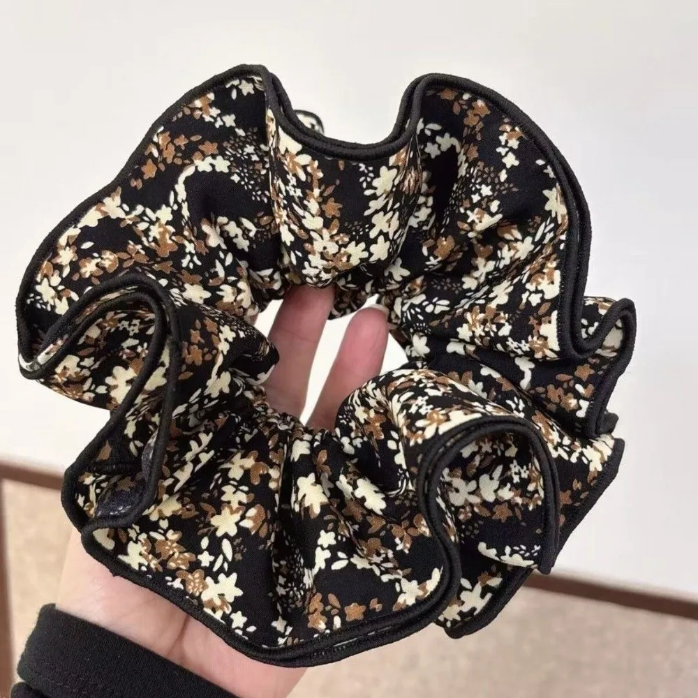Scrunchies en satin marron à motif floral vintage, élastiques, en mousseline, accessoires pour cheveux, bandeaux, pour usage quotidien