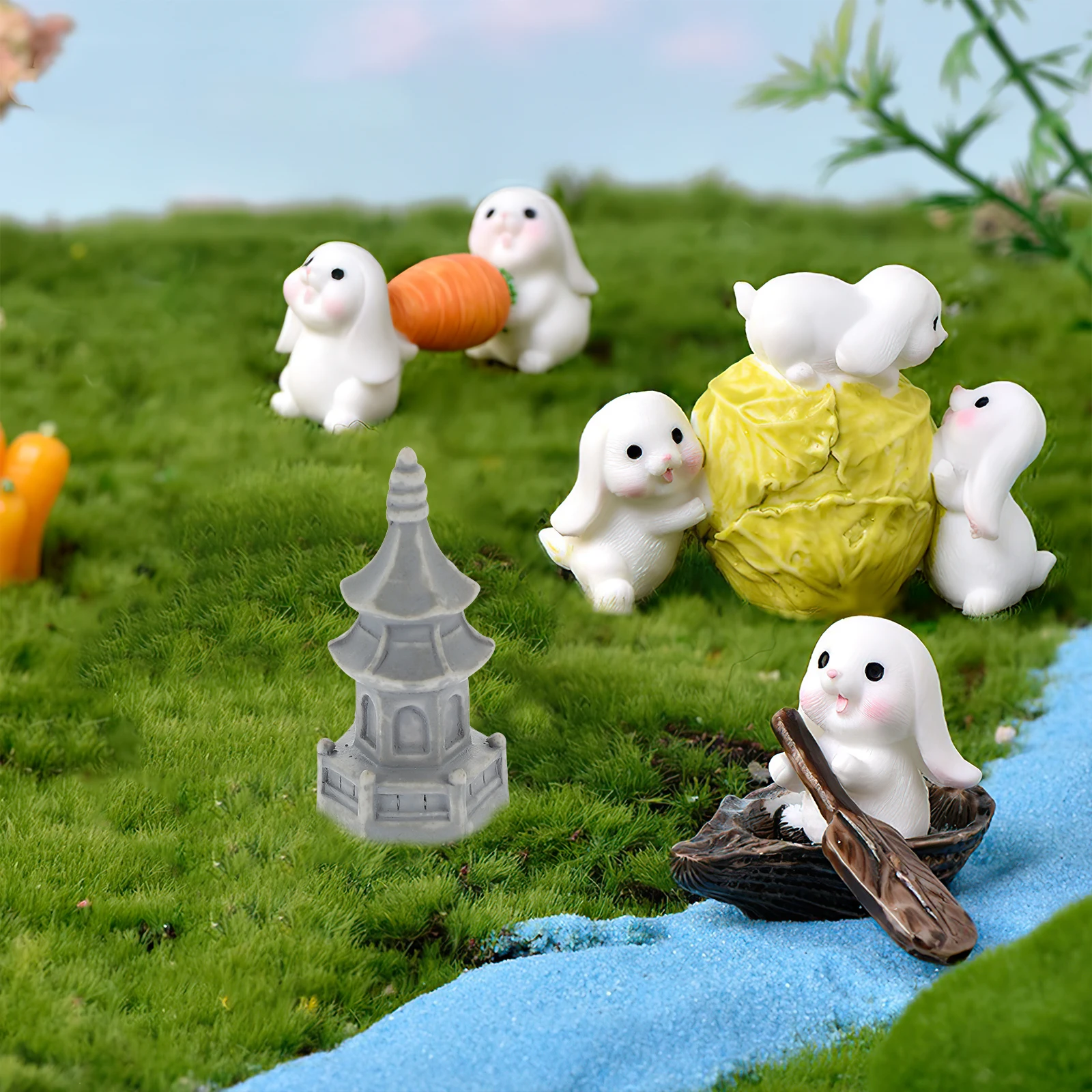 

10pcs Miniature Pavilion Statue Resin SixTower Garden Ornaments Tiny Pagoda Model Home Decor Travel Mini Figurine
