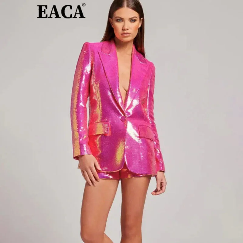 

EACA 2025 Spring Rose Pink Sequin Cool Flash Single-button Suit Jacket High-waisted Shorts Two-piece Feminine Chic