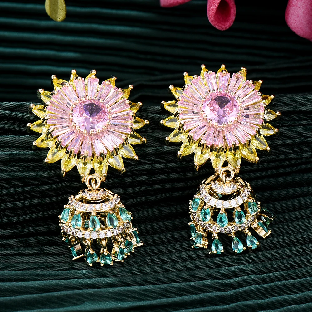 

Missvikki Luxury Sun Flower Earrings Trendy Shiny Pink CZ Full Mirco Paved Cubic Zircon Naija Wedding Fashion Jewelry Gift