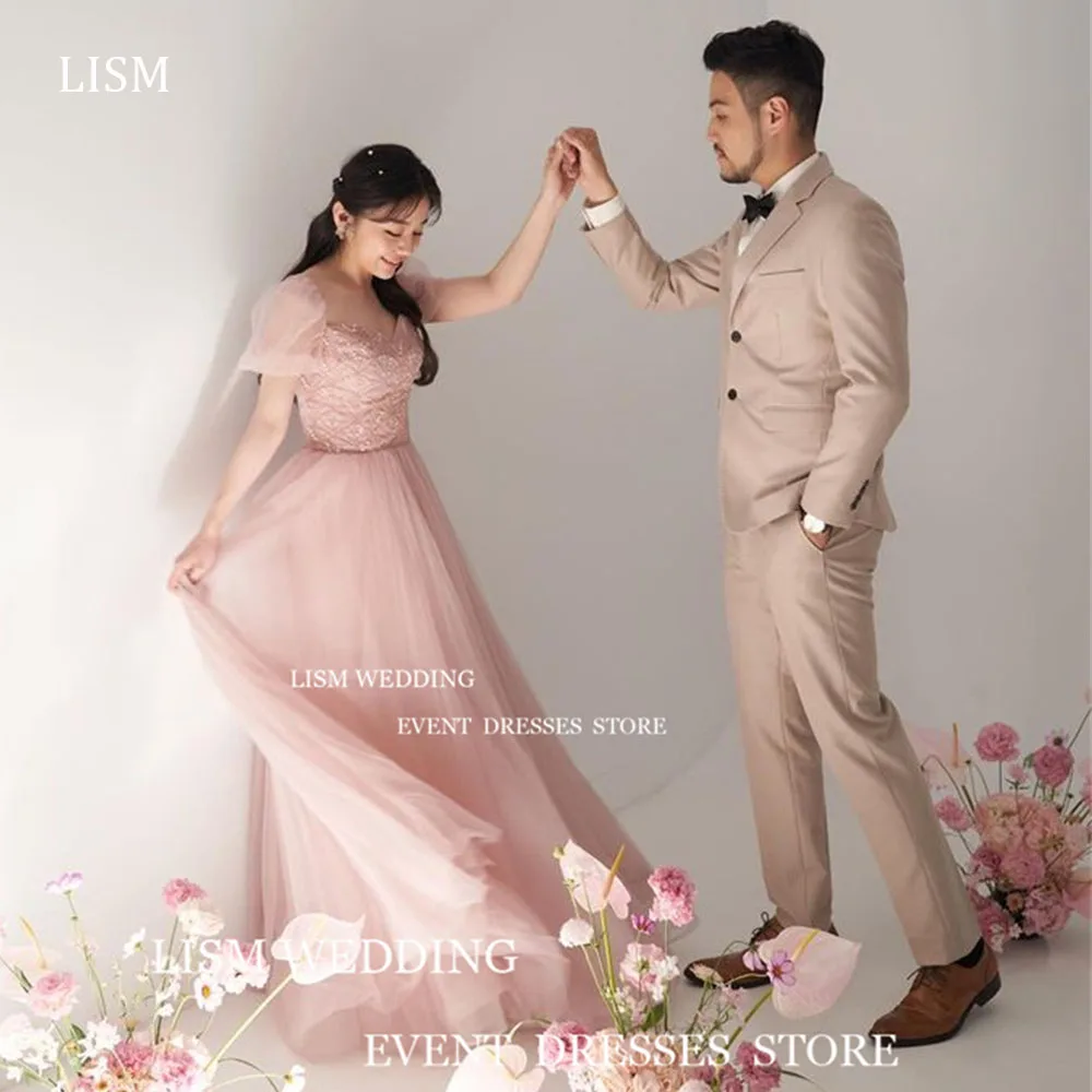 

LISM Baby Pink Korea Evening Party Dress Photo Shoot Fairy Tulle Draped Wedding Formal Occasion Gowns Short Sleeves Bride Dress