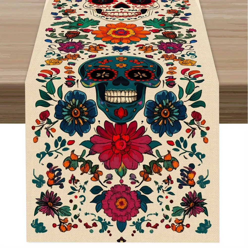 Mexican Colorful Skull Floral Linen Table Runner for Table Decor Mexico Day of The Dead Table Runners Kitchen Dining Party Decor