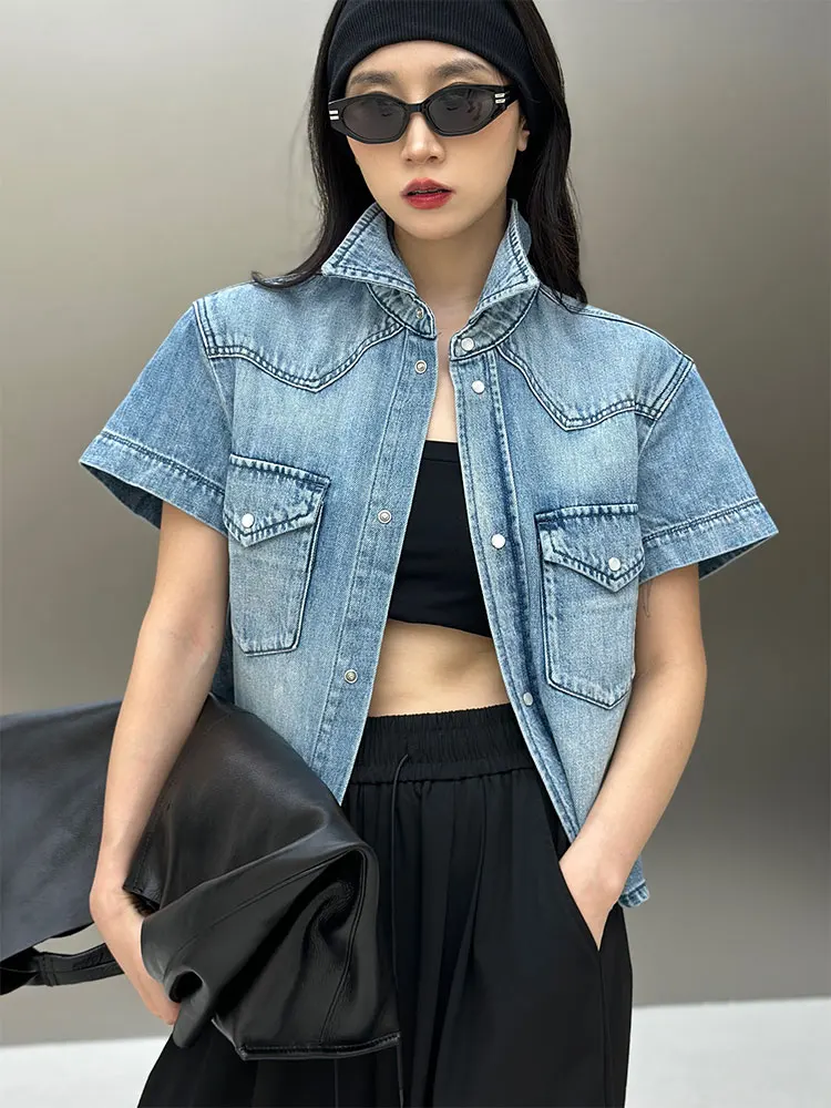 

Женская хлопковая рубашка BodhlCat с коротким рукавом, двумя карманами, эффектом потертости, повседневный стиль, на пуговицах, свободный крой