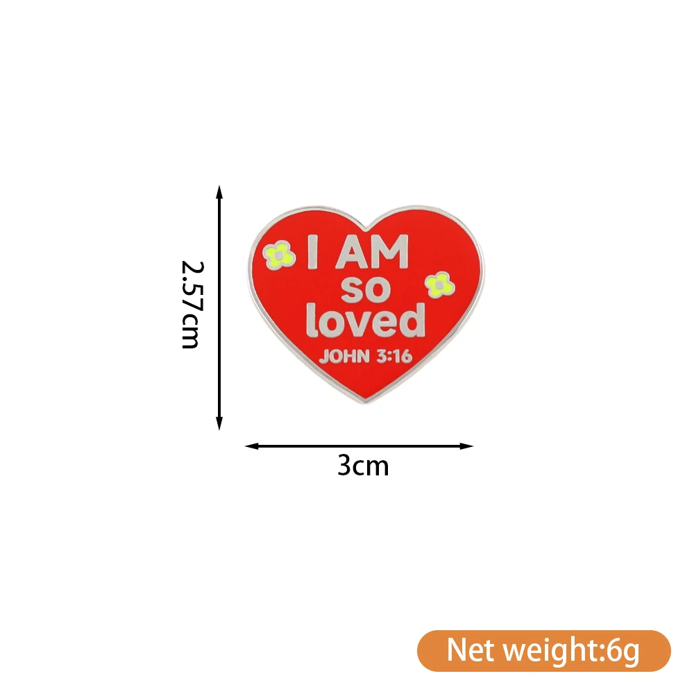 I AM SO LOVED Heart Brooch John 3:16 Bible Verse Christian Pin Red Heart Shape Enamel Badge Religious Jewelry Gift for Women Kid