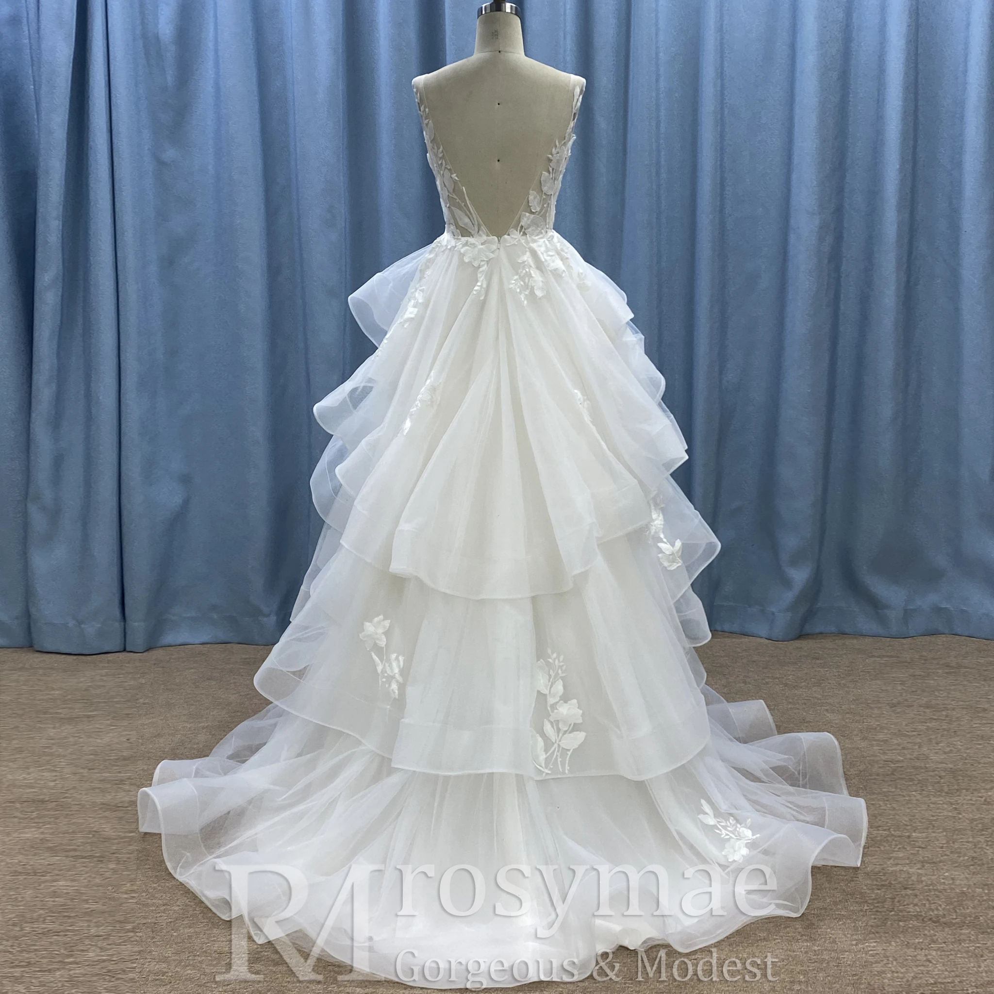 Rosymae dames backless diepe v-hals ruches trouwjurk met tankmouwen sexy jurk voor bruiden