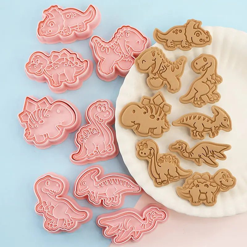 8 Pcs/set Cookie Cutters Plastic 3D Dinosaur Shape Cartoon Pressable Biscuit Mold Cookie Stamp Kitchen Baking Pastry Bakeware