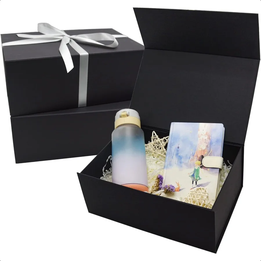 3 Pack Large Gift Box for Present 12.5 x 8.5 x 4.75 Inches Black Gift Box with Magnetic Lid Collapsible Gift Box with Ribbons G