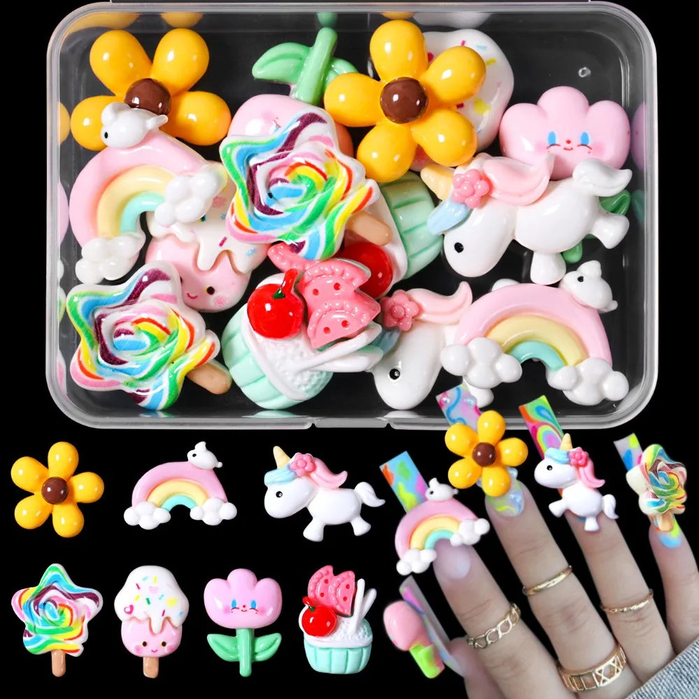 

Cute Mix Colors Nail Art Decorations Flowers Candy Cartoon 3D Resin Nail Charms Lollipop Bead Nail Accessories DIY Manicure