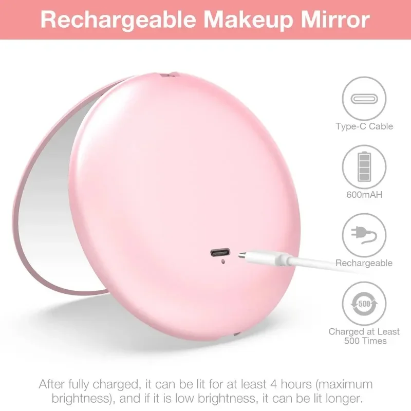 Mini Miroir de Maquillage de Poche Pliable, Portable, avec Lumière LED, Rond, Compact, Grossissant 10X, Rose, Noir, Vanité