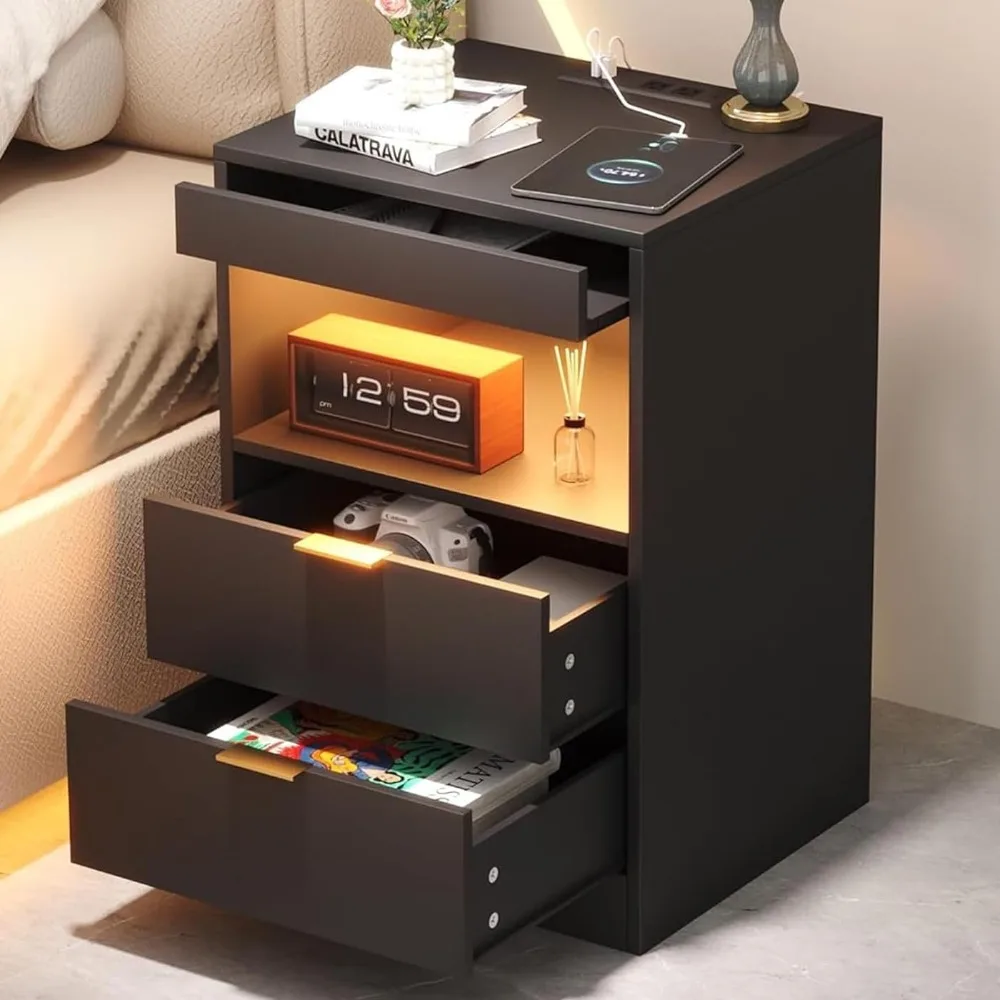 

Night Stand, Bedside Table, LED Nightstand with Charging Station, Modern Night Stand, Wood Sofa Couch End Side Table with 2 Pul