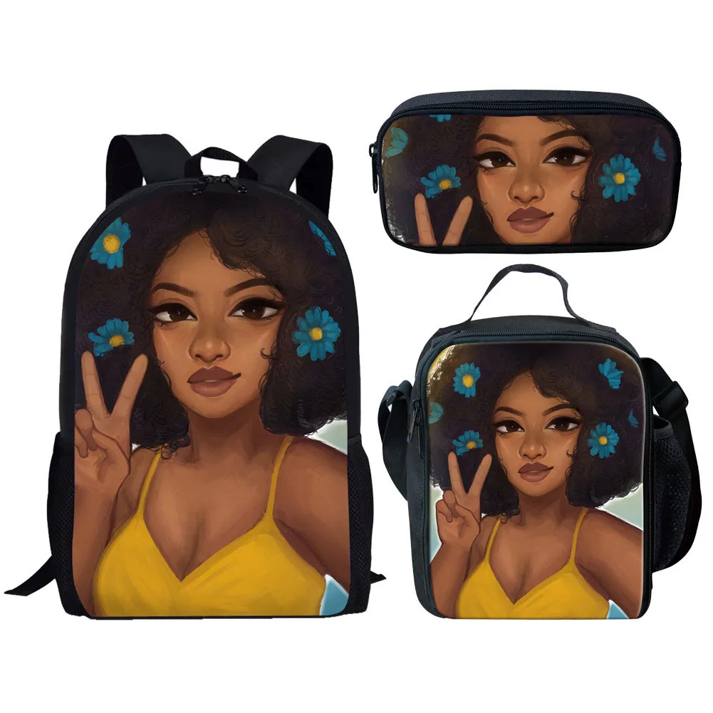 Classic Popular Funny Pretty African Girls 3D Printed 3pcs/Set pupil School Bags Laptop Daypack Backpack Lunch bag Pencil Case