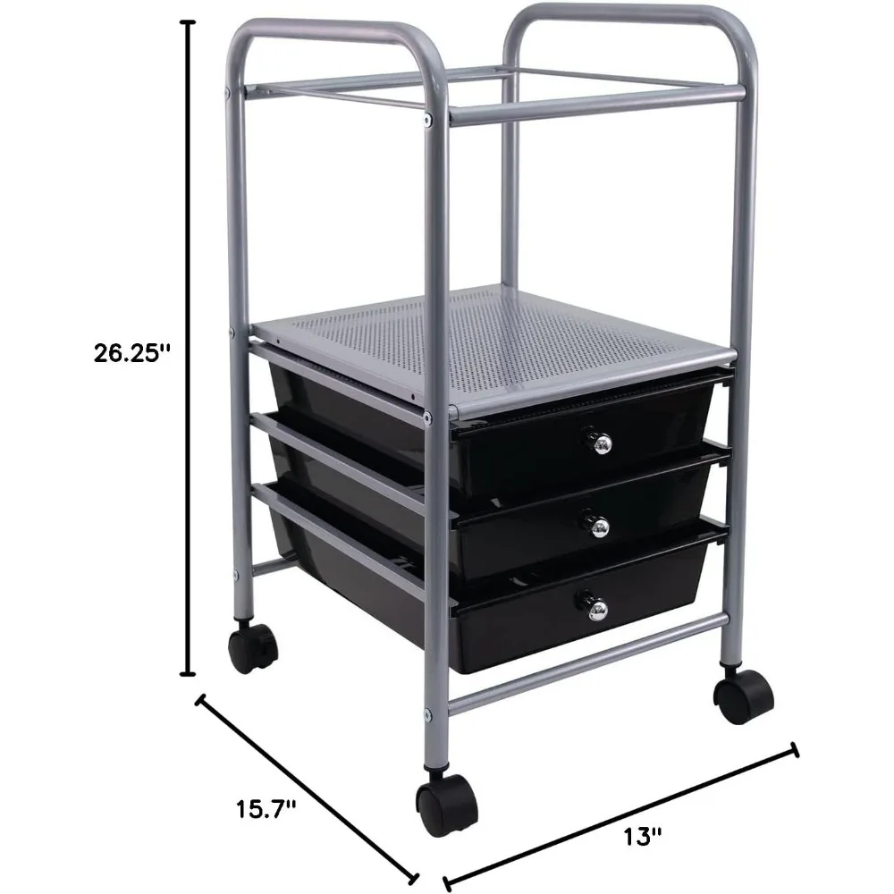 Vertiflex Rolling File Cabinet Cart Organizer With Three Drawers, Black and Silver