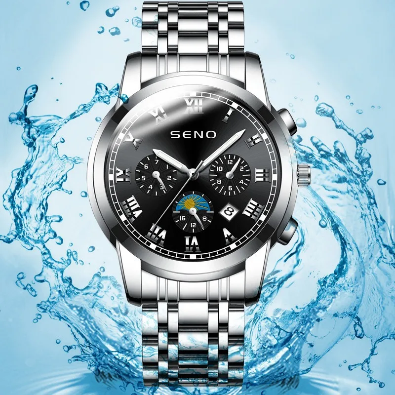 

Мужские повседневные кварцевые часы Солнце Луна Звезды Дизайн Водонепроницаемые светящиеся наручные часы из нержавеющей стали с календарем Montres pour hommes