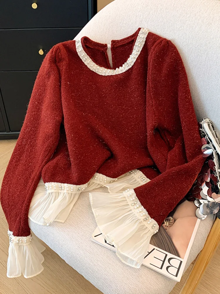 

Red Knitted Sweater Women's round Ne Bell Sve Vintage Sle Winter Faion High End Sensation Fraance Sle Top