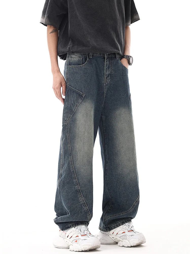 レトロアメリカンウェイドストレートレッグジーンズメンズサマートレンドルーズストリートカジュアルナイフパンツミッドウエストロングトラウザーズ