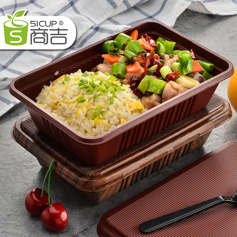 Custom. Shanghai Shangji 800ml Rectangular Wood Grain Lunch Box Disposable Lunch Box Takeout Packing Box Bento Plastic Lunch Box