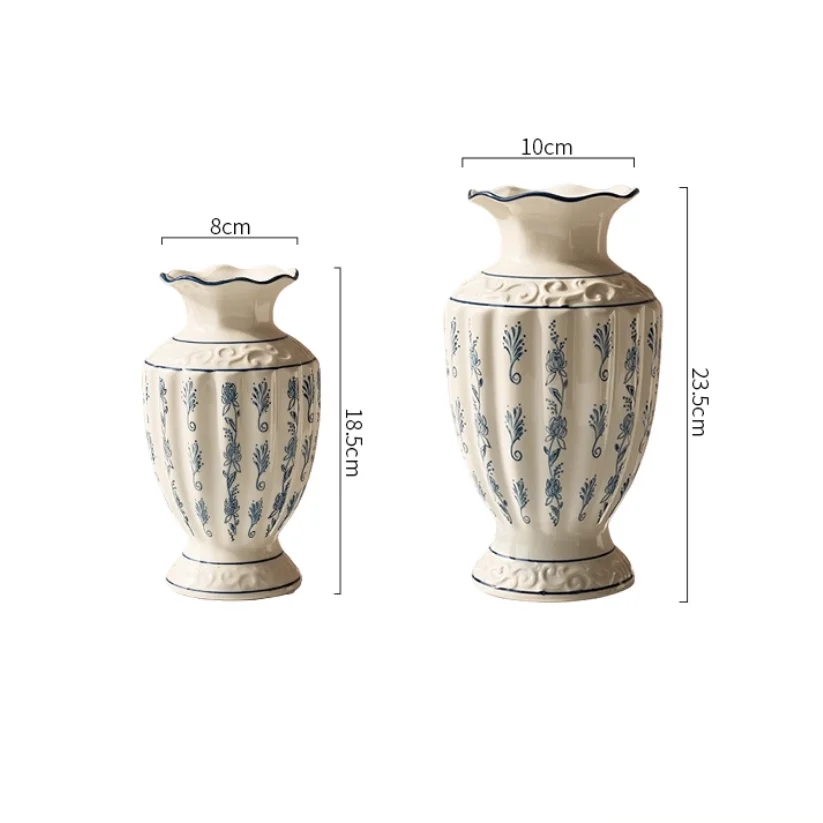 Retro ceramic vase with white carved patterns for hydroponic floral arrangement, a decorative piece for living room decor