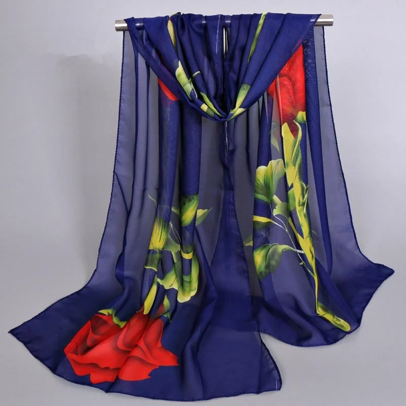 1Pc New Fashion Chiffon Silk Hijab Women's Long Soft Rose Flower Print Scarves Foulard Women Shawls view 5