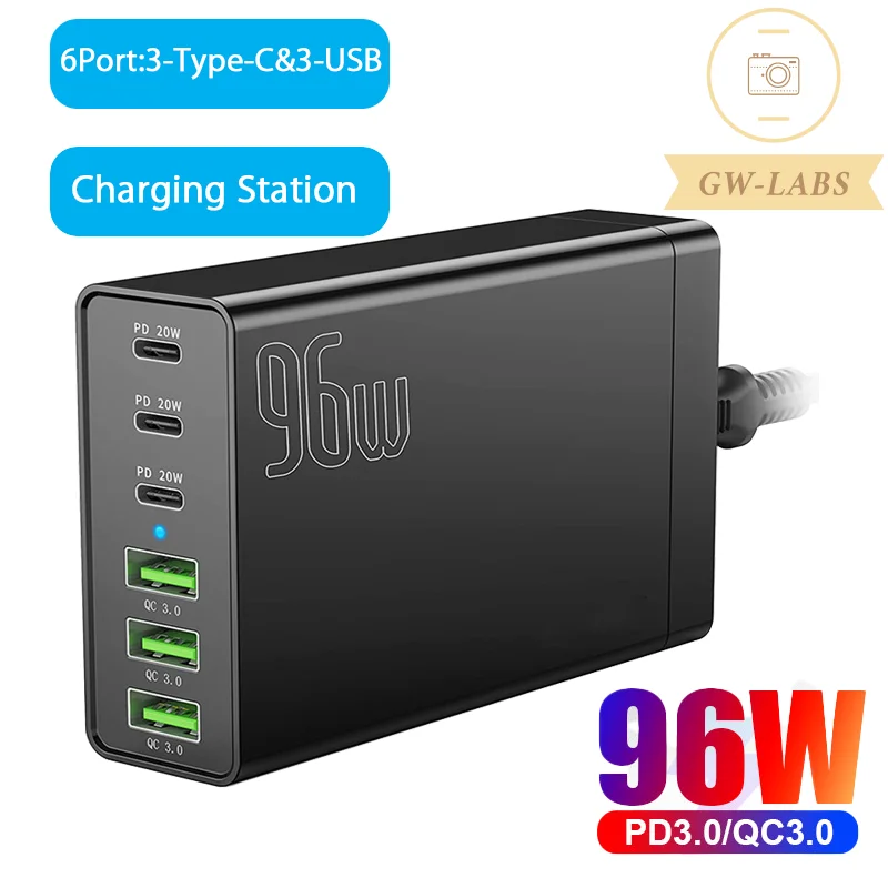 

6-портовая зарядная станция PD20W QC3.0, быстрое зарядное устройство для iPhone, iPad, Huawei, Xiaomi, Samsung и т. д.