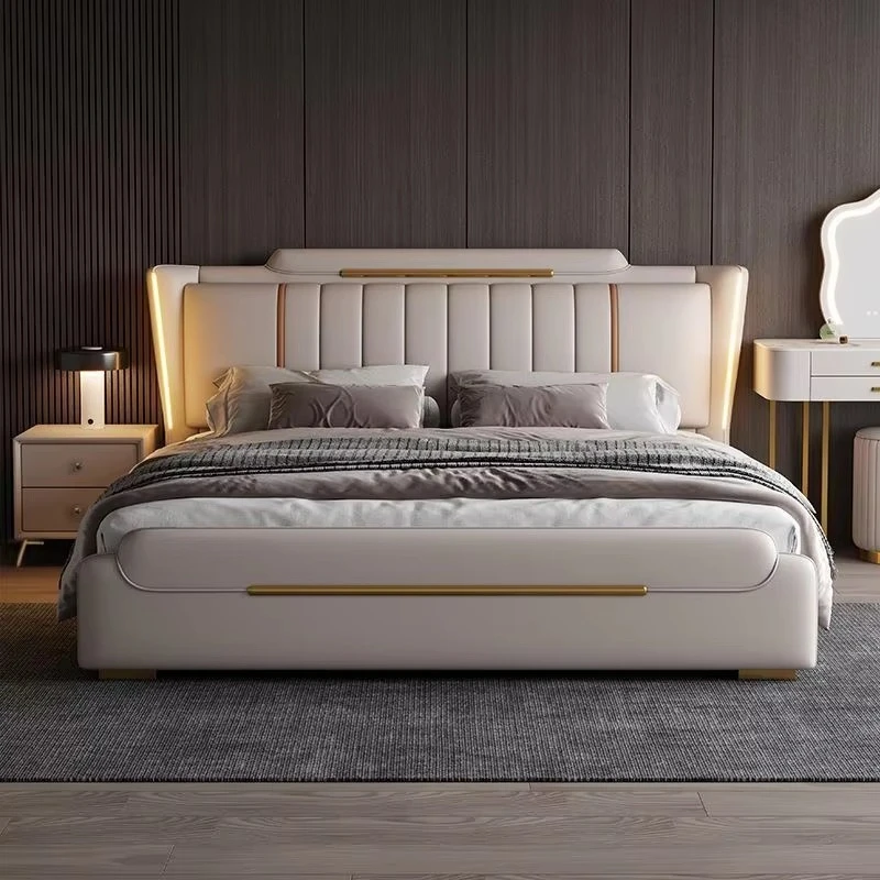 Premium upholstered leather queen bed frame with storage drawers, LED headboard, suitable for light luxury villa bedrooms