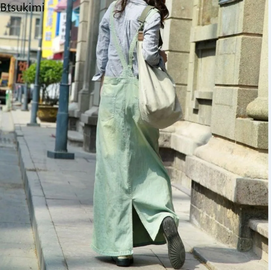Street Style Casual Denim Skirts Women's Ankle-length Loose Vintage Suspender Dress Fashion Versatile Women Clothing All Seasons