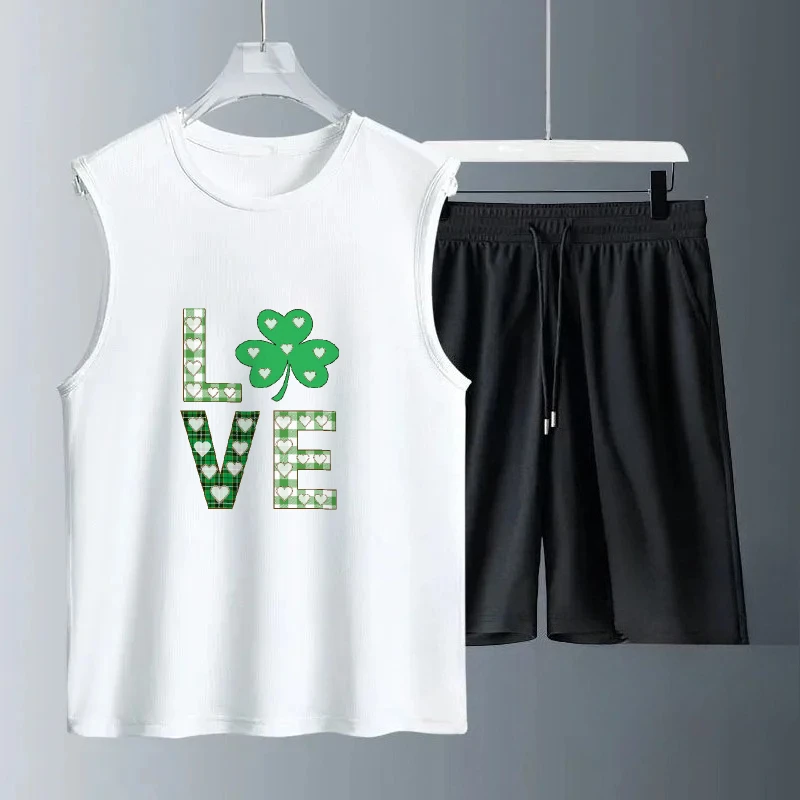 

2025 Men Sleeveless Polyester Fiber Daily Green clover English print Casual Wear Quick Dry Comfortable Outfit Set two-piece sets