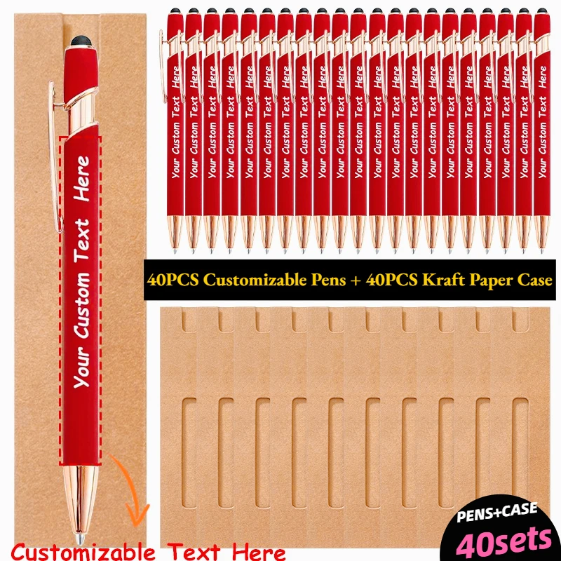 40 sets aanpasbare metalen balpennen set kraftpapier etui gegraveerd met namen bedrijfswebsites voor verjaardagscadeaus