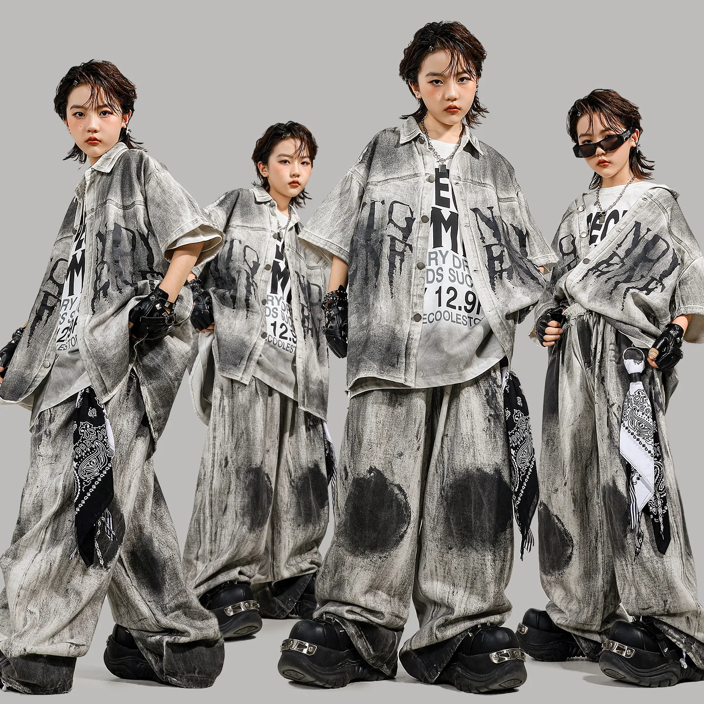 children-boys-girls-streetwear-dirty-fashion-hip-hop-loose-casual-shirts-pants-suits-kids-cardigan-trousers-sets-stage-clothes