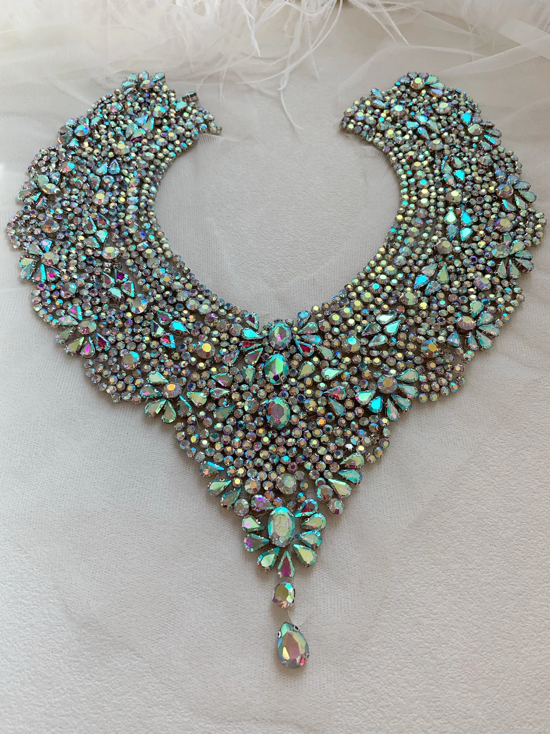 1 Piece Heavy French AB Rhinestone Applique 3D Beaded Crystal Necklace Patch for Ball Gown Collar Flower