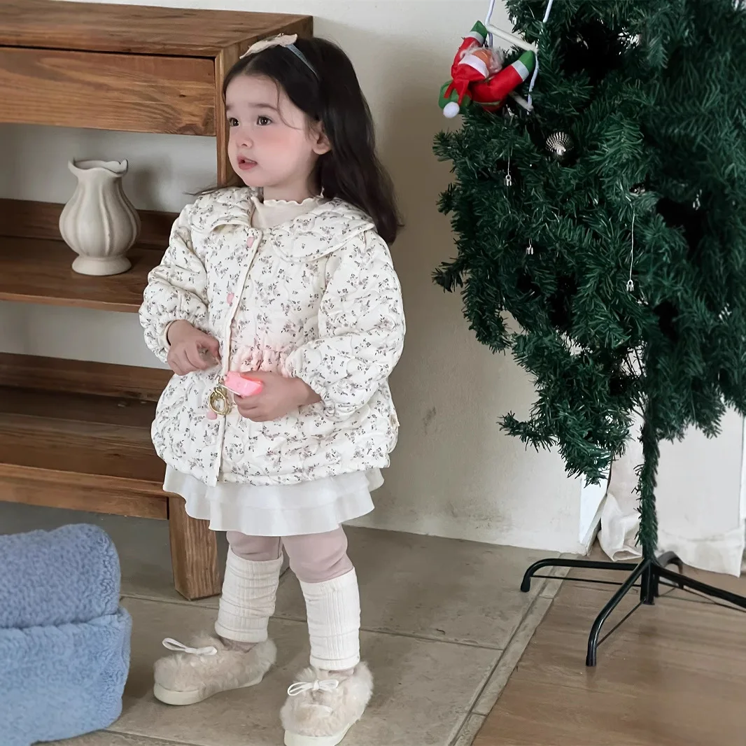 Baby Flower Picture Coat Thick Winter and Autumn Korean New Style Fashion Keep Warm Kids White Jacket 2025