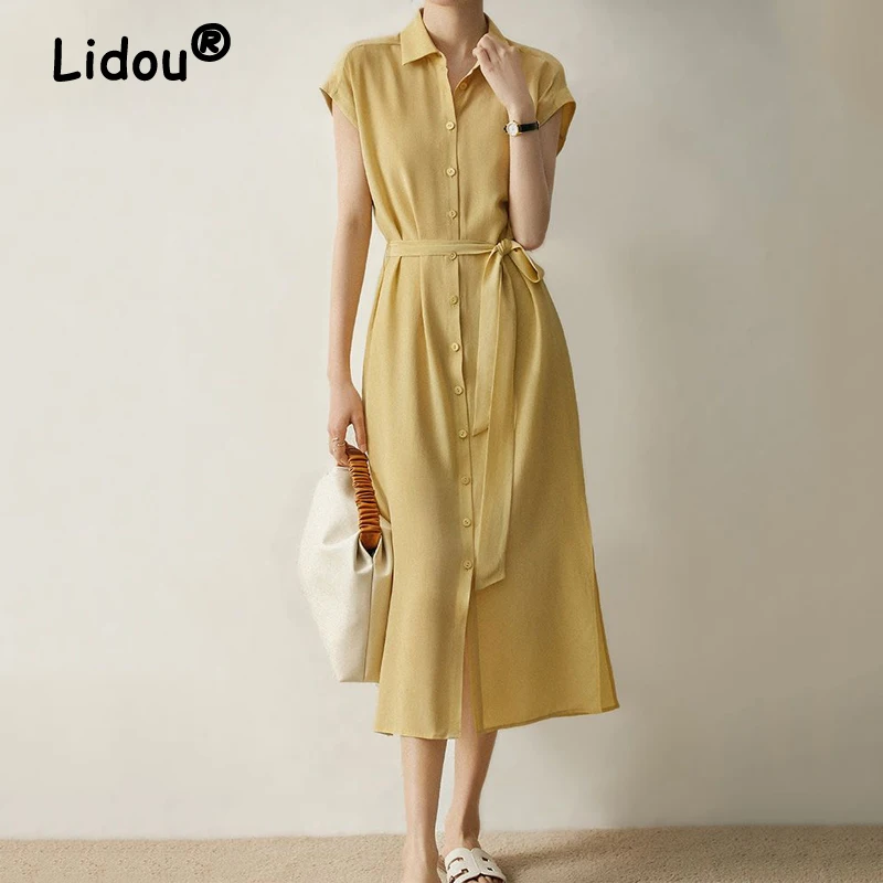 

2022 Summer Lapel Women Single-breasted Shirt Dress Lace Up Korean Fashion Commuter Short Sleeve Office Lady Solid Midi Dresses