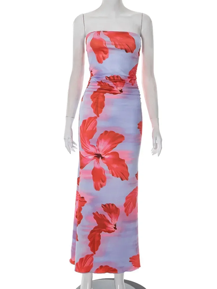 Blifanbo Strapless Print Flower Maxi Dress Women Elegant Sexy High Waist Sleeveless Off-shoulder Patchwork Slim Holiday Dress