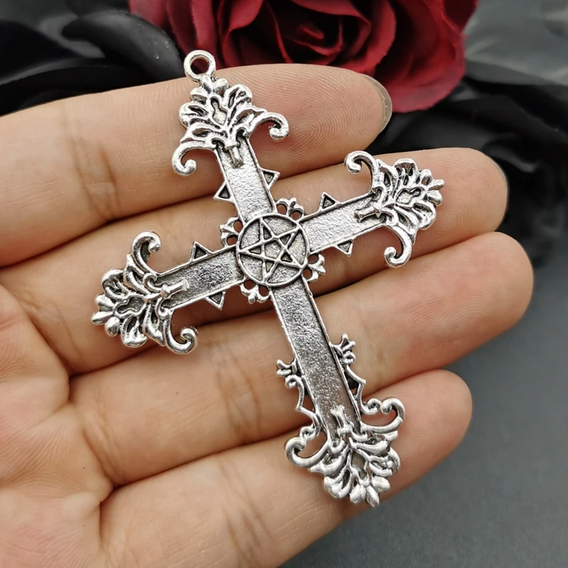 4pcs Gothic Cross Large black Charms Pentagram Cross Pendants for Jewelry Making DIY Rosary Supplies Necklaces Crafts Accessory
