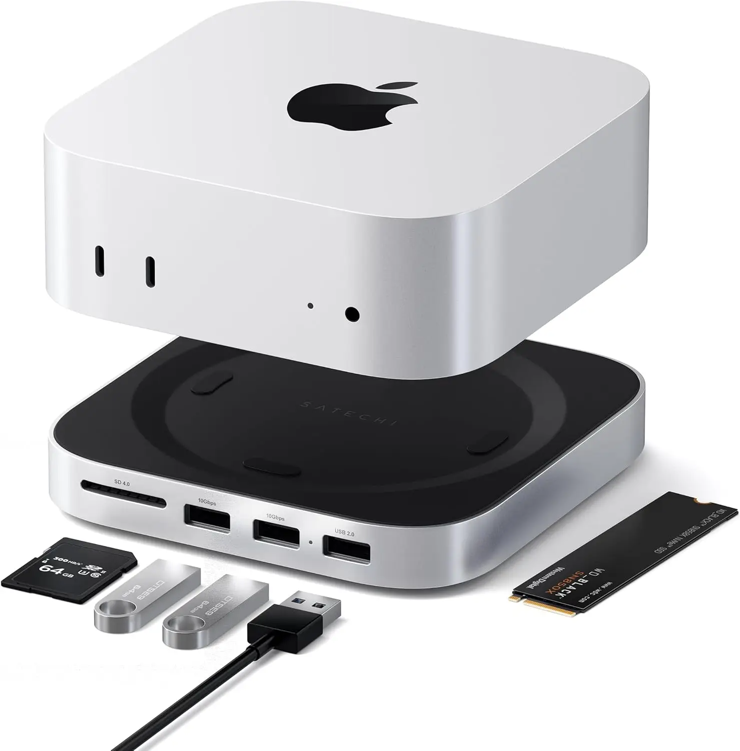 

M4 Mac Mini Dock with NVMe SSD Enclosure, 2x USB-A 10Gbps, SD Card Reader, Silver Stand