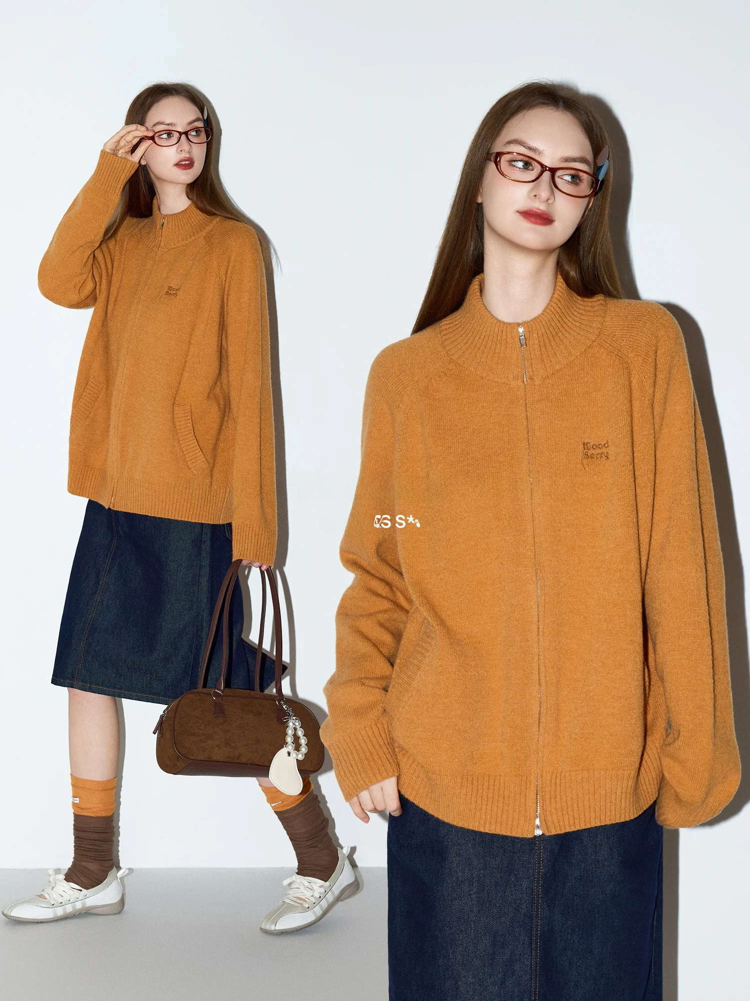 

MoodBerry American Retro Orange Double Zipper Stand Collar Women's Knitted Open Cardigan Loose Fit Long Sve Spring Lazy Sle