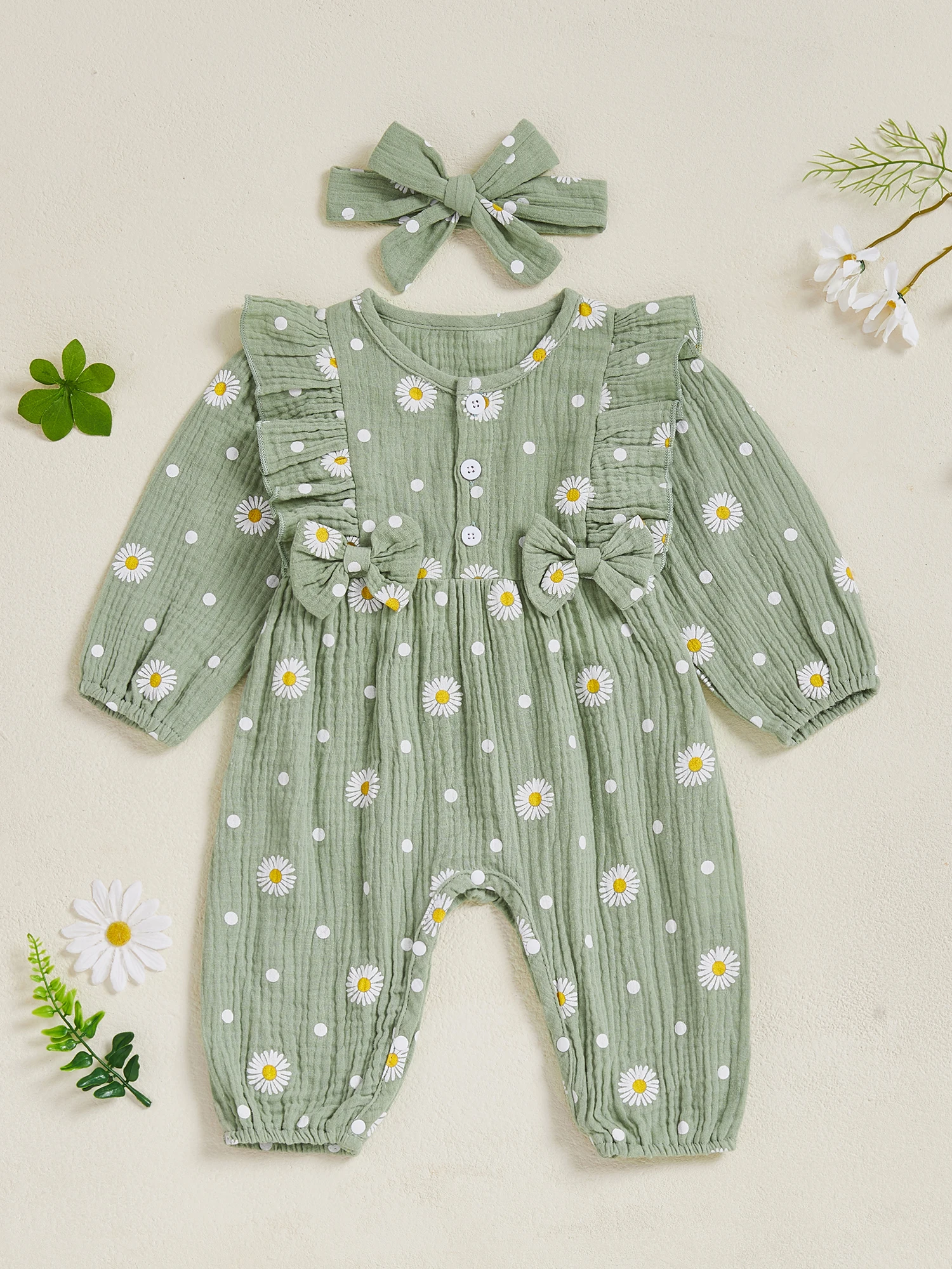 

Toddler Floral Print Ruffle Sleeve Romper with Round Neckline and Matching Headband Set for Baby Girls - Button Up Jumpsuit