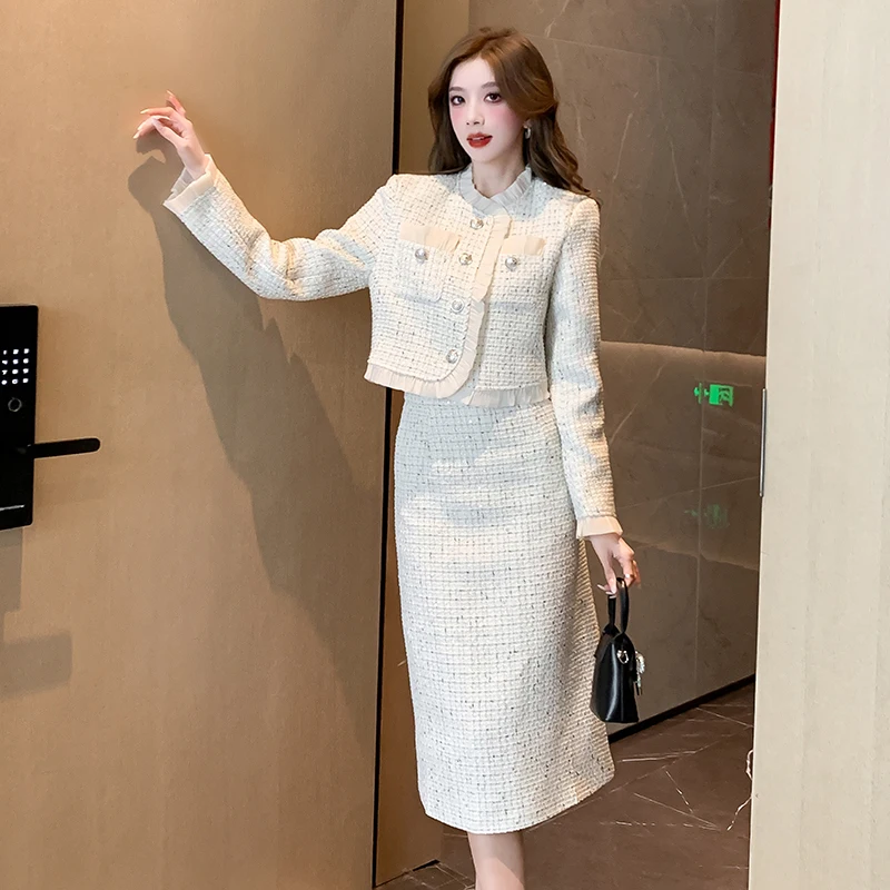 High Quality Small Fragrance Tweed Two Piece Set Women Short Jacket Coat+Long Skirt Suits Korean Elegant OL Office Outfits