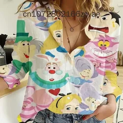 2024 Cheshire Cat Women's Shirt Summer Long sleeved Button Casual Shirt Disney Fashion Beach Shirt Vintage Top