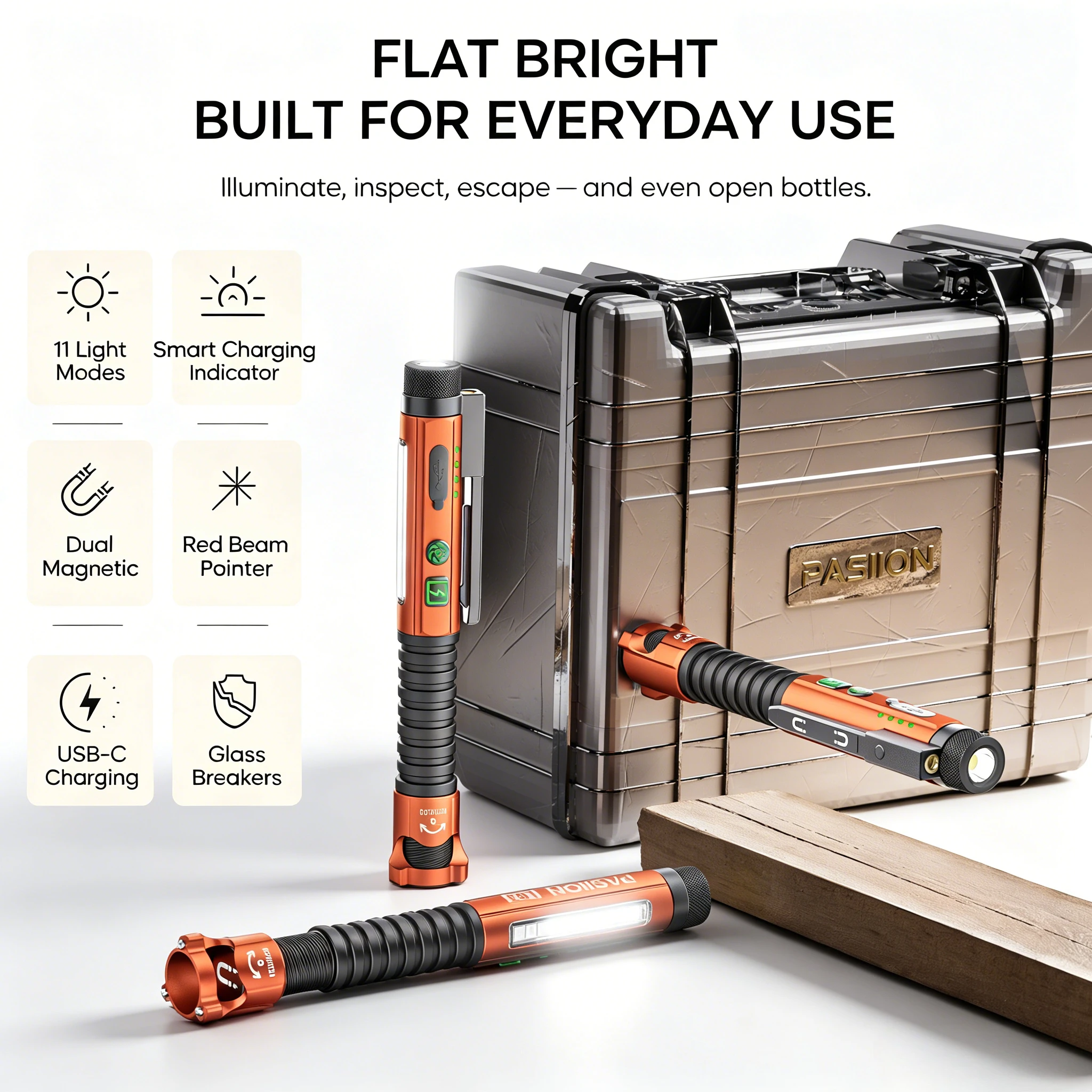 

Multi-Function Tactical Flashlight with 4 Power Indicators, Glass Breaker, Bottle Opener, Memory Mode, Shockproof & Weather-Resi