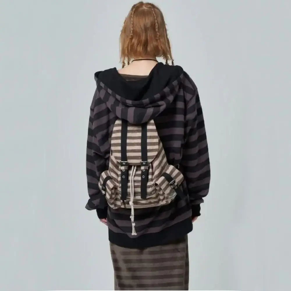 

Casual Korean Style Backpacks Drawstring Design Large Capacity Bookbags Flat Stripe Soft Tote Bags Unisex