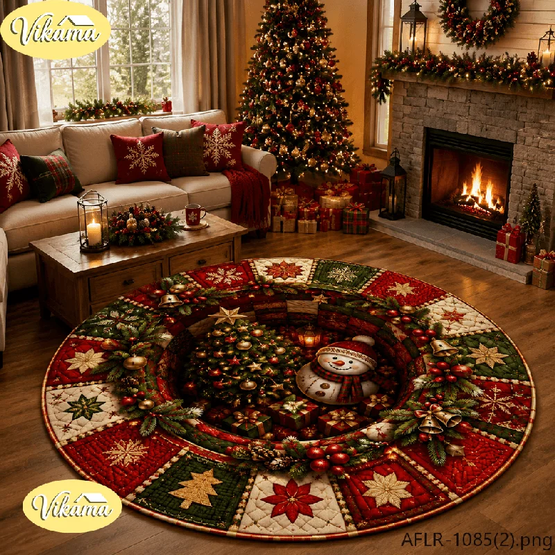 VIKAMA Christmas Jingle Bell 3D Embossed Round Area Rug Anti Slip Absorbent Floor Mat for Kitchen Office Holiday Home Decor