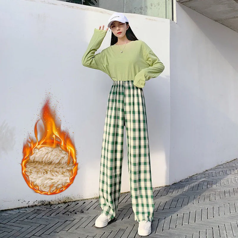 2024 new high waist loose plaid pajama trousers Women\'s spring, autumn and winter leisure thin straight wide leg pajama trouser