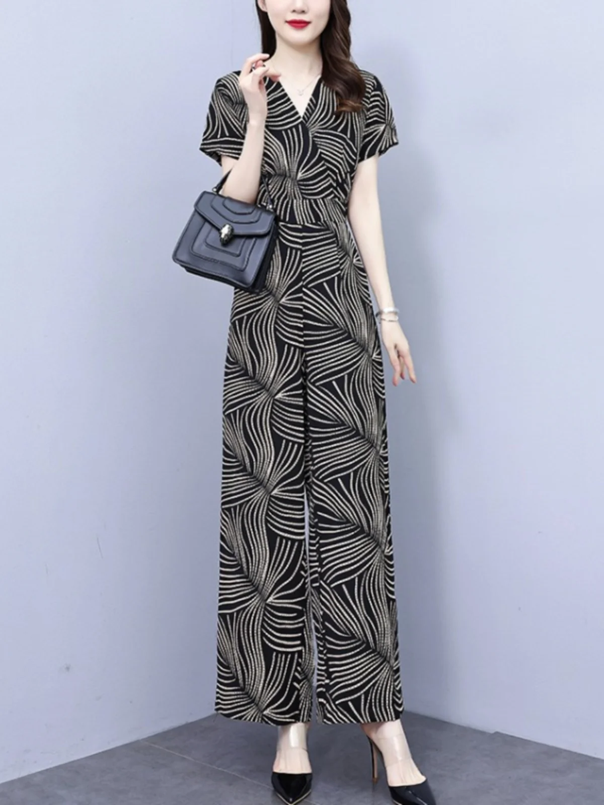 

Ele утягивающий летний Новое поступление, женский цельный брючный костюм из шифона с принтом, тонкая модель, модные широкие брюки