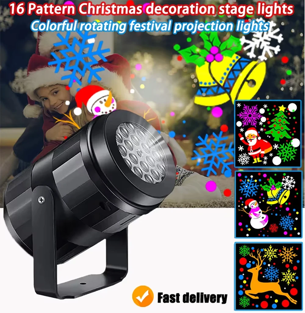 Rotating Christmas Pattern Projector Lamp USB LED Holiday Projection Light 16 Dynamic Patterns For Xmas New Year Party Decoratio