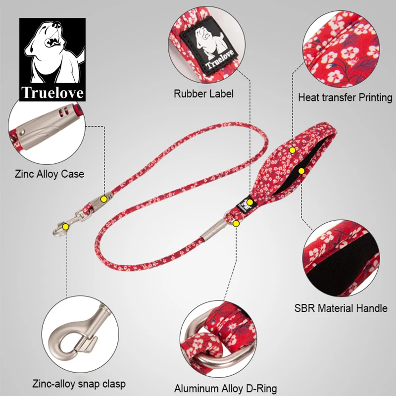 Truelove Pet Leash Floral Rope Leash for Dog and Cat Neoprene Padded Handle 100% Cotton Fabric Zinc-alloy Hook Outdoors TLL2573